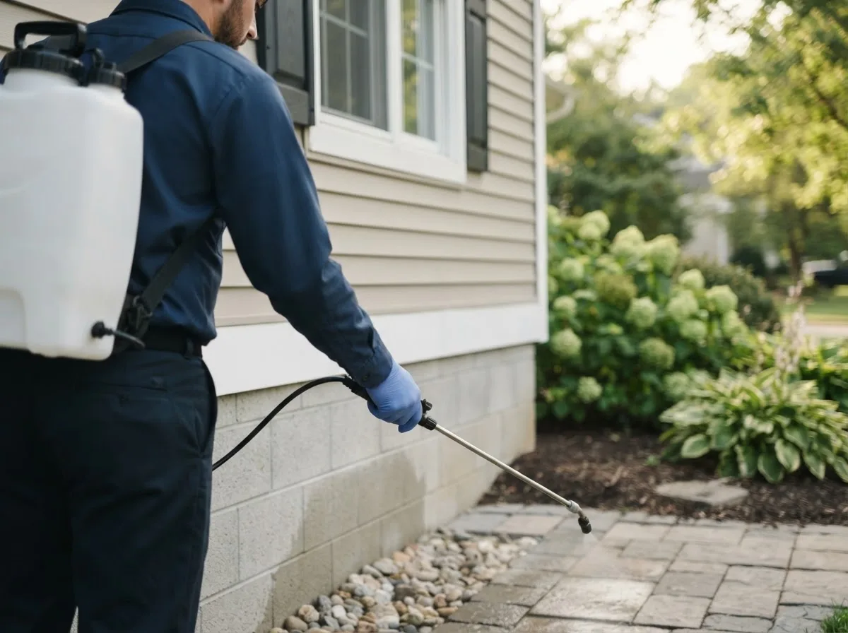 Pest control technician inspecting a home in West Springfield, MA